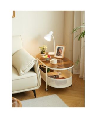 Movable oval metal glass coffee table with storage