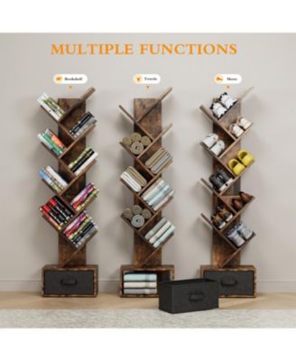 Rustic Brown 9-Tier Tree Bookshelf with Drawer
