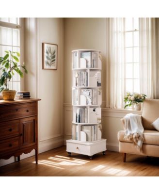 Rotating Bookshelf with Drawer, 6-Tier Corner Bookcase, White