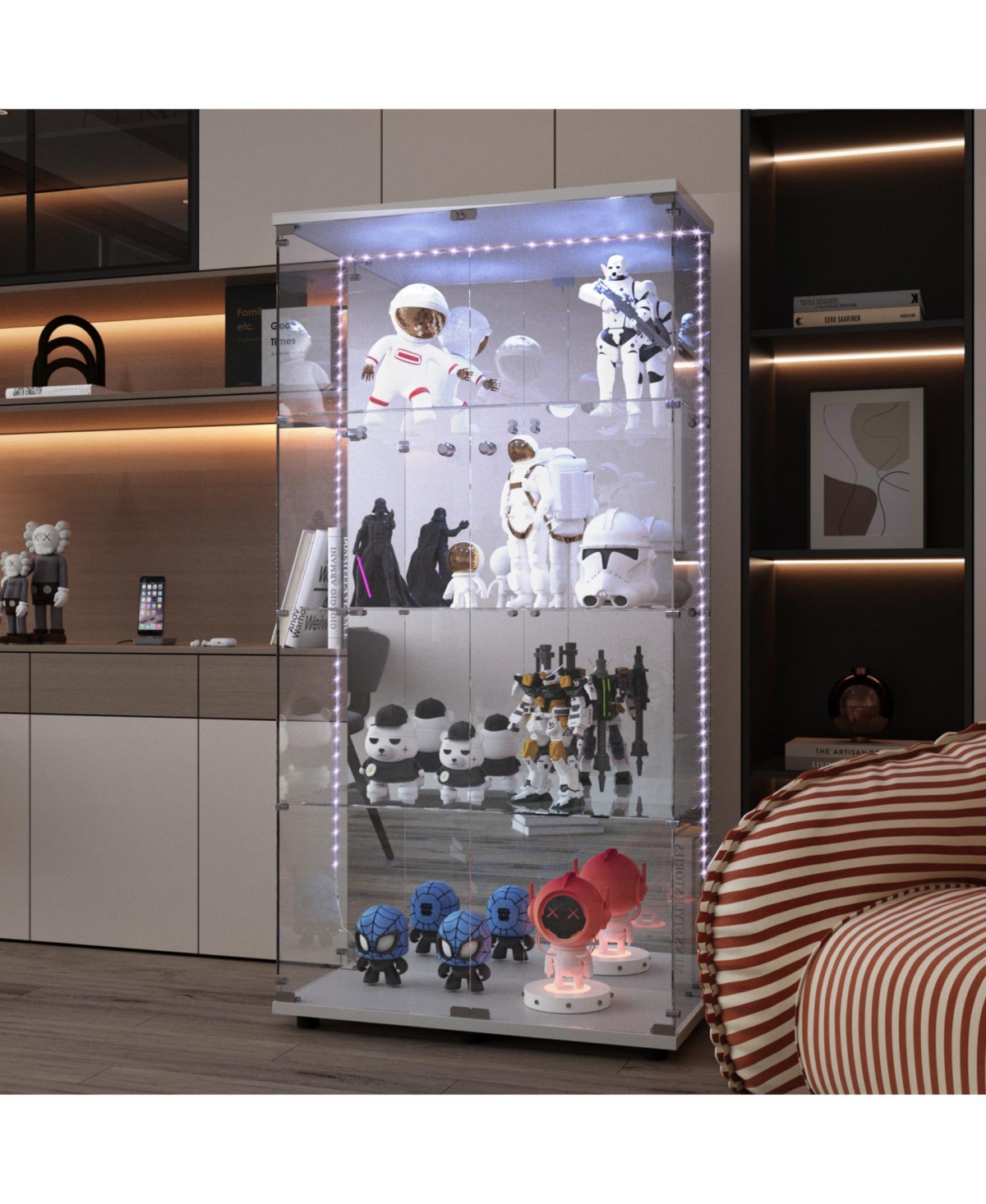 Streamdale Furniture Tempered Glass Display Cabinet w/ Led, Lock, Mirror Back - White