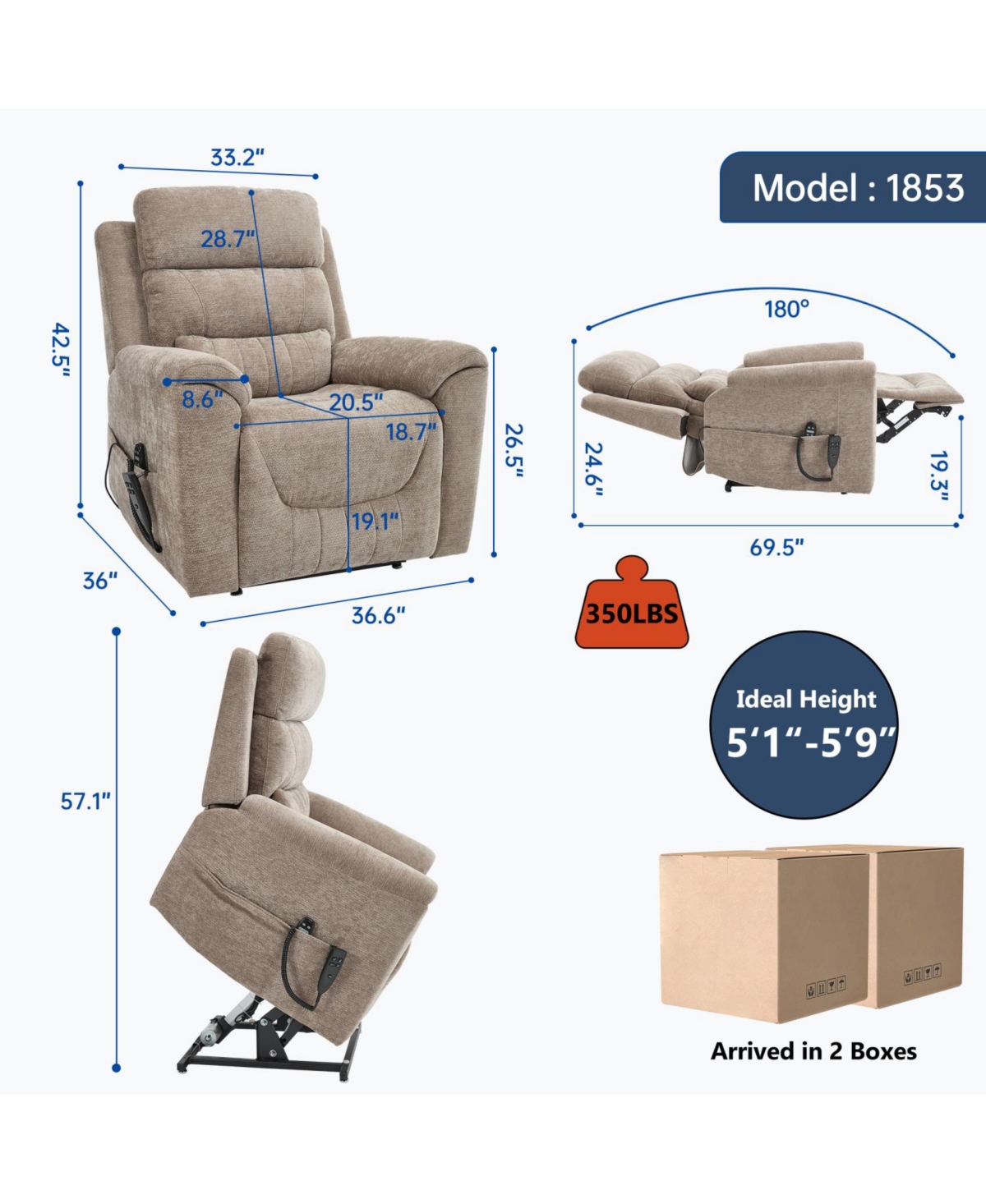Streamdale Furniture Power Lift Recliner w/ Massage & Heat, Khaki