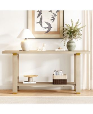Modern Console Table - Solid Wood Metal Accents Shelf
