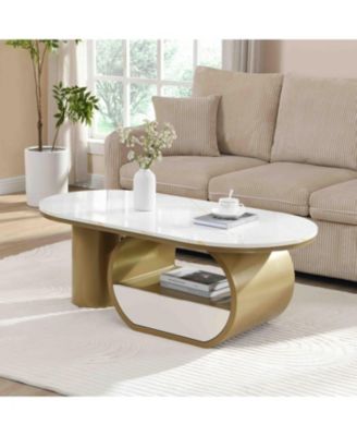 Modern Oval Coffee Table w/ Storage & Faux Marble Top