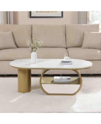 Modern Oval Coffee Table w/ Storage & Faux Marble Top