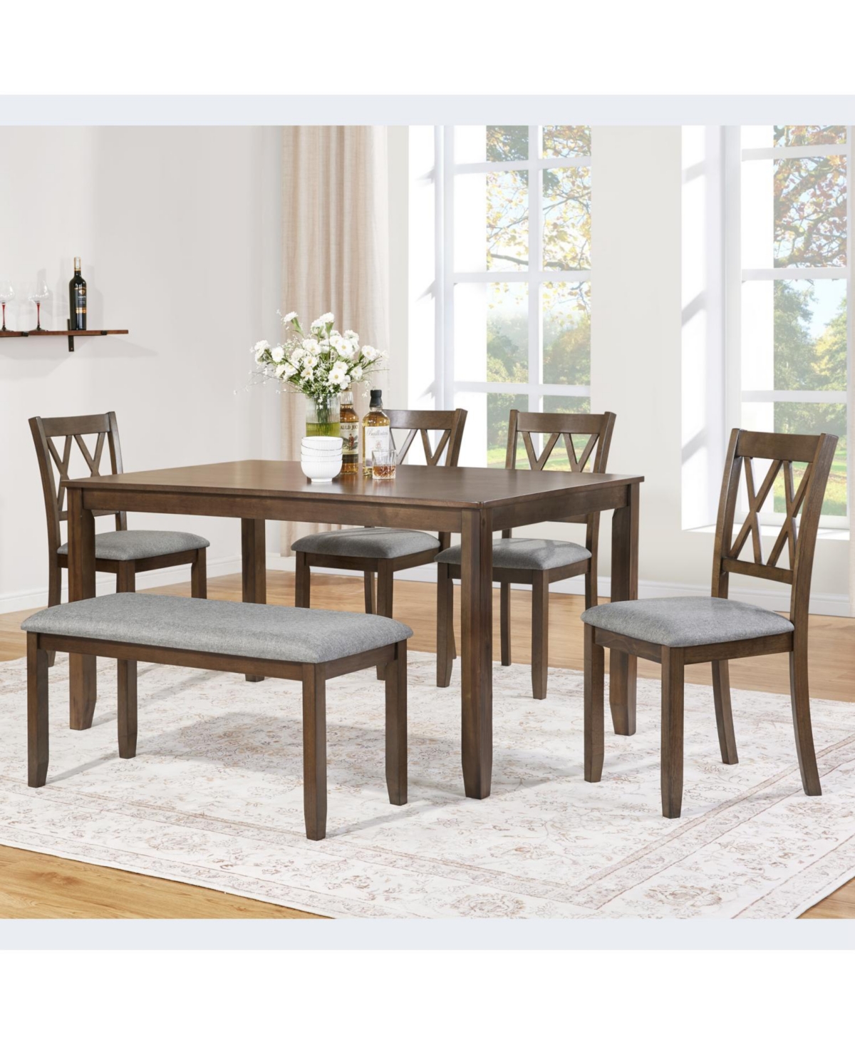 Streamdale Furniture 6-Piece Walnut Dining Set- Table, 4 Chairs & Bench