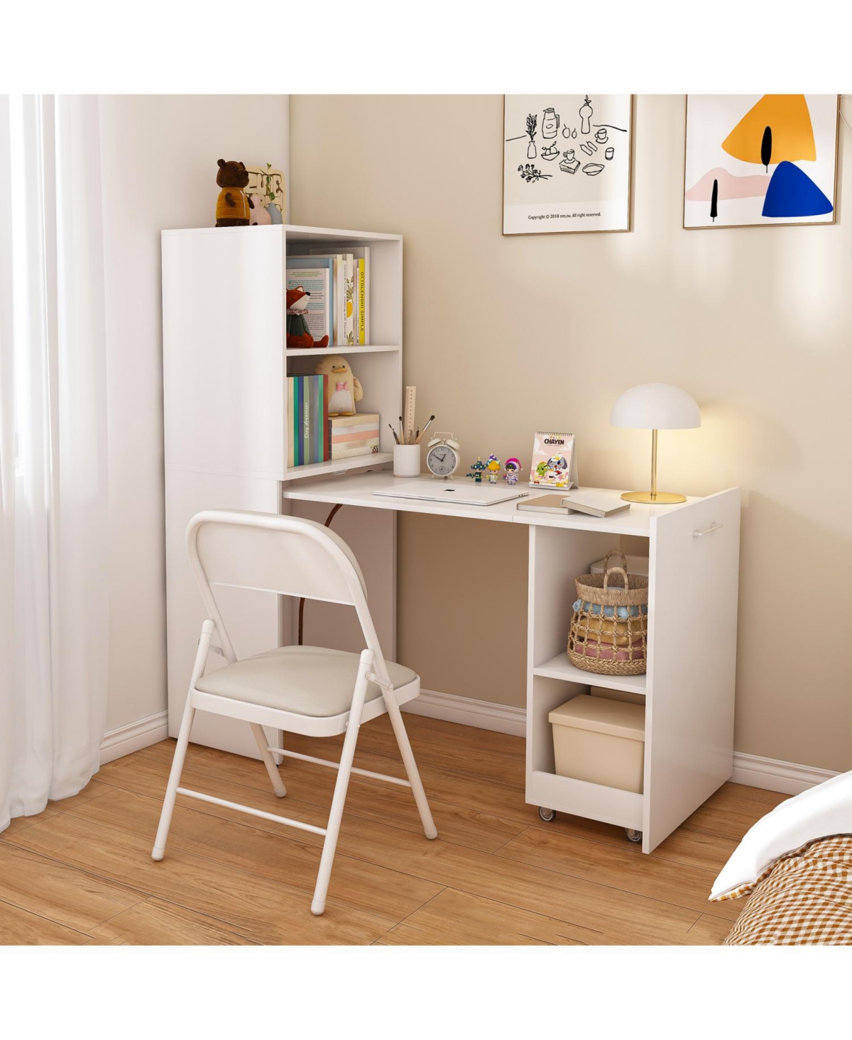 Streamdale Stretchable desk with storage shelves and wheels white