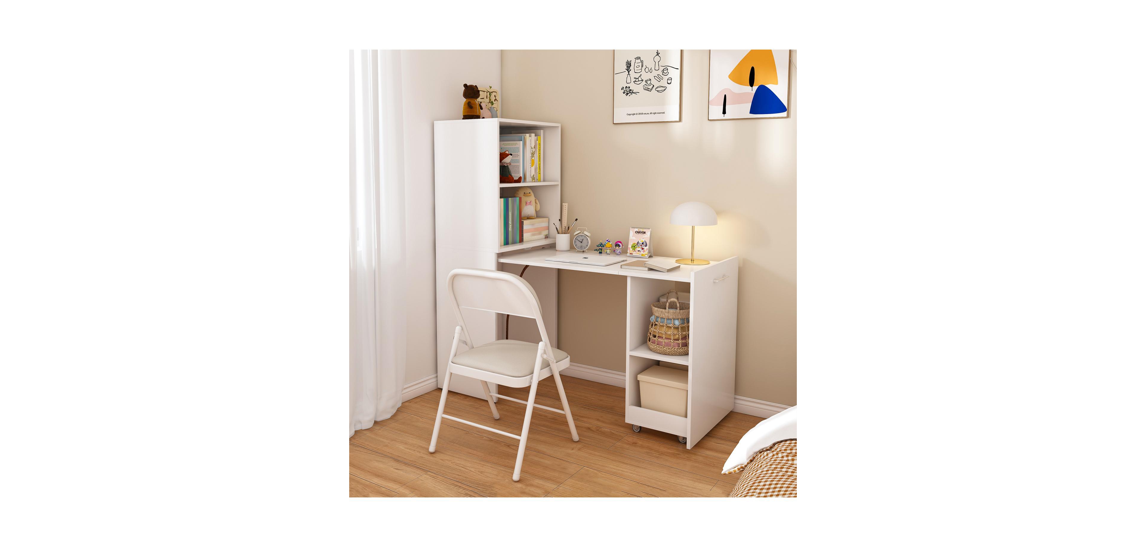 Streamdale Stretchable desk with storage shelves and wheels white