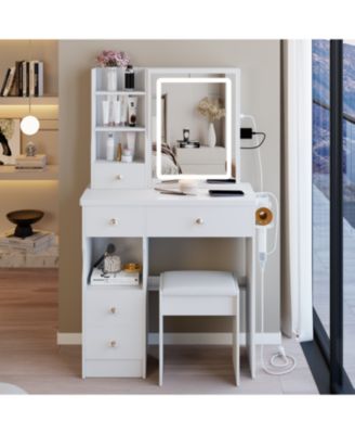29.2" Vanity Table w/ LED Mirror Power Stool