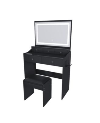 Modern Vanity Desk with Lighted Mirror & Power Outlet - Black