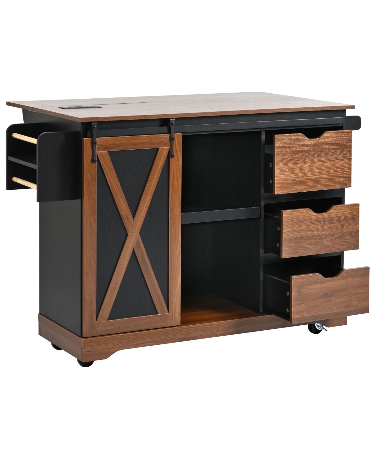 Streamdale Furniture Farmhouse Kitchen Island with Drop Leaf, Barn Door, Power, Rolling Cart