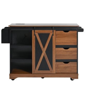 Farmhouse Kitchen Island with Drop Leaf, Barn Door, Power, Rolling Cart
