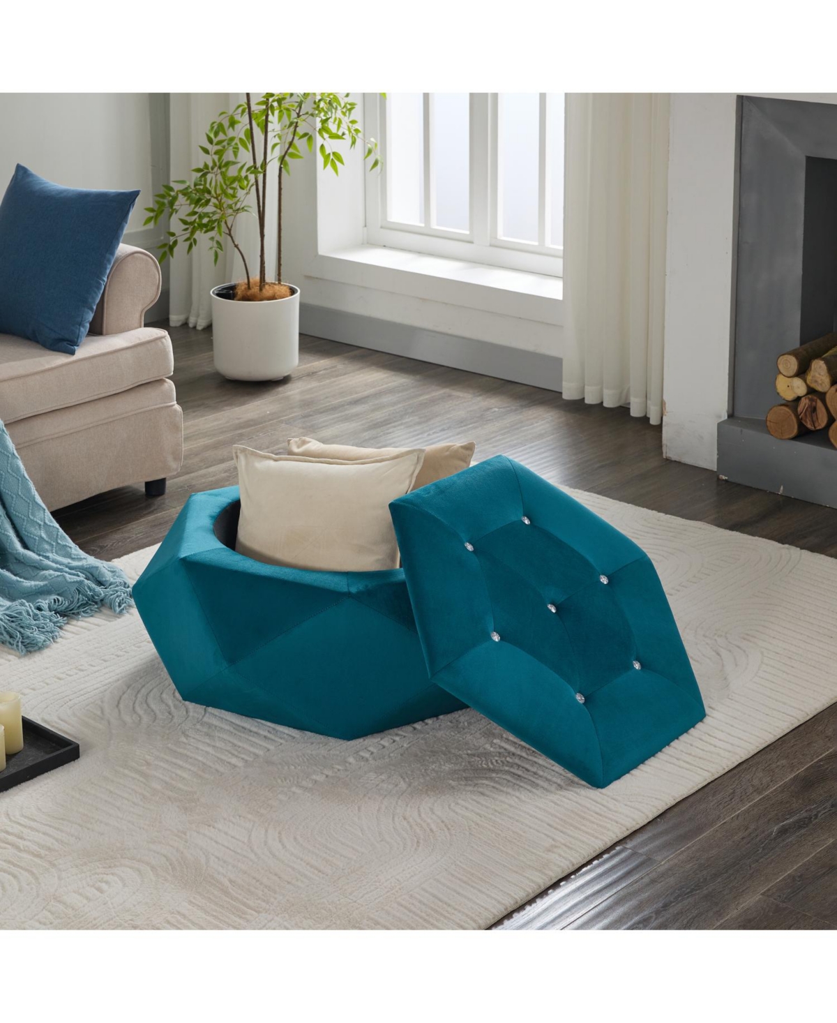 Streamdale Furniture Velvet Diamond Tufted Storage Ottoman - Footrest/Seating
