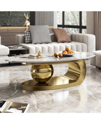 Oval Faux Marble Coffee Table with Stainless Steel Base