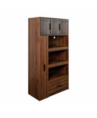 70.87" Kitchen Pantry Cabinet w/ Pull-Out Shelves, Drawer & Microwave Stand