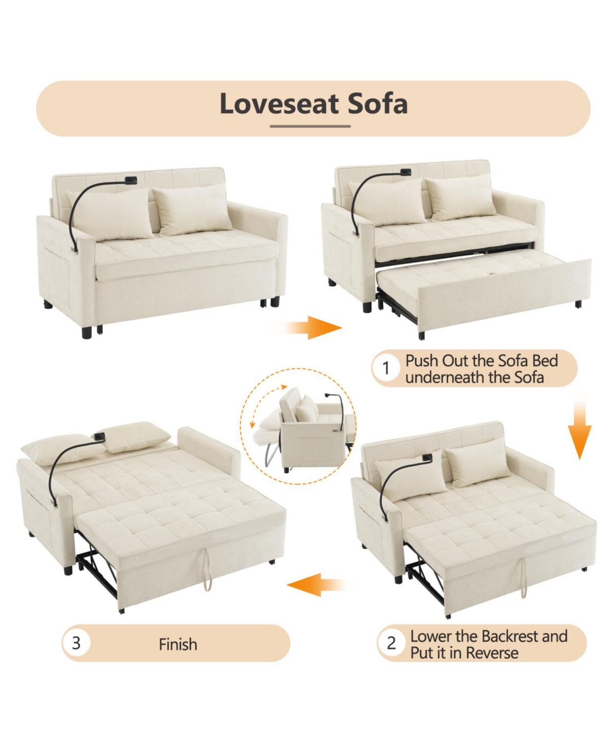 Streamdale Furniture Loveseat Sofa Bed with Reversible Backrest, Side Pockets, Usb Ports and Phone Holder