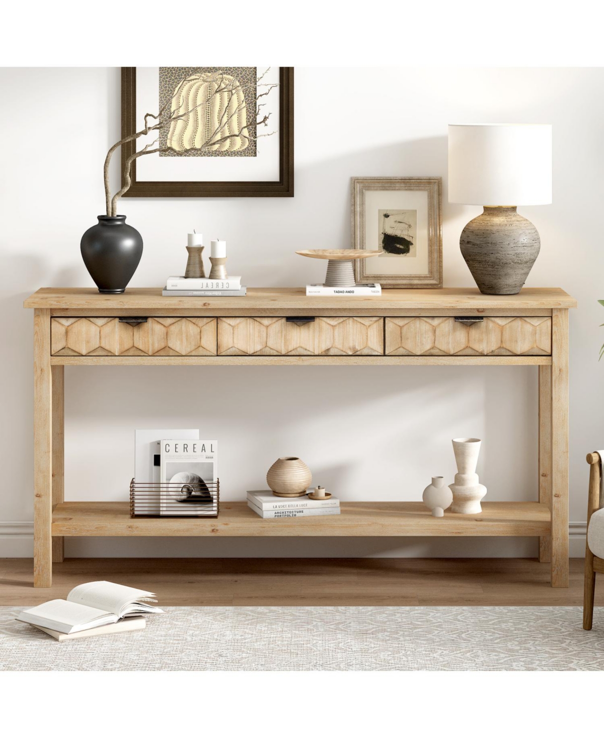 Streamdale Furniture 60" Fir Veneer Entryway Table with Honeycomb Fronts & 3 Drawers