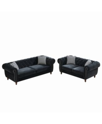 Chesterfield Velvet Sofa Set, Roll Arm, Nailhead Trim