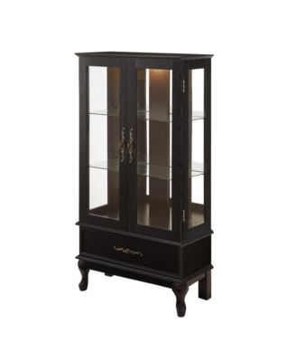 Lighted Curio Cabinet with Glass Doors, LED Lights, Black Finish