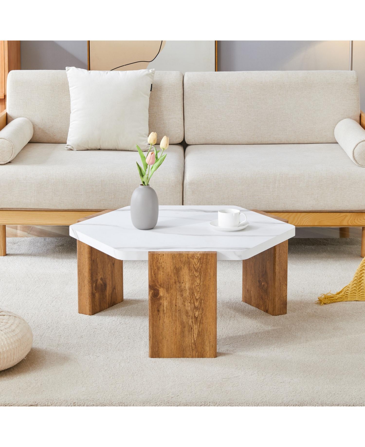 Streamdale Furniture 31" Modern Hexagonal Coffee Table, White Marble Top