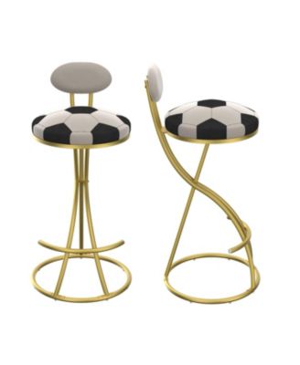 Football Print Bar Stools Set of 2, Counter Height, Velvet, Gold/Cream