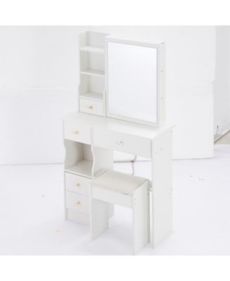 Compact Vanity Table with Large Mirror and Multi-Tier Storage, Stool Included