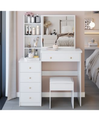 + 37" + Wood + Vanity Table with Mirror, Stool & Storage