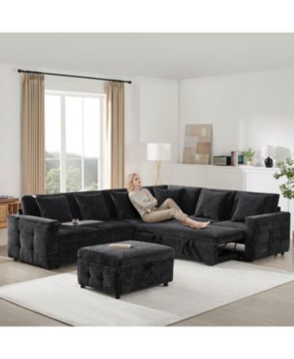 Streamdale Modular Sectional Sofa Bed- Flip Table, Lamp, Ports, Ottoman, Tufted, 6 Pillows