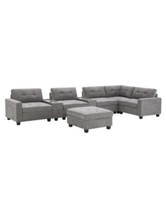 104" Tufted Sectional Sofa with Acrylic Table, Consoles, USB Charger, Storage, Ottoman