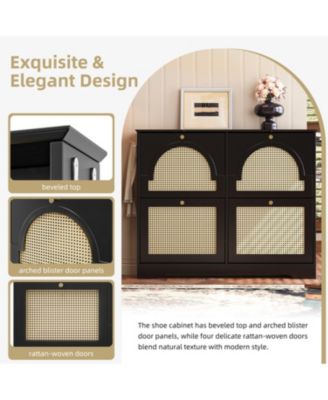 Streamdale Mid-Century Narrow Shoe Cabinet - 4 Flip Drawers, Rattan Doors, Hooks, Black