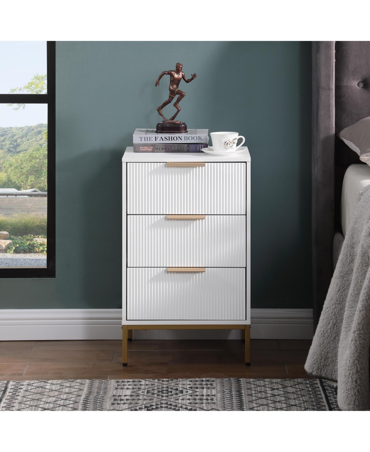 Streamdale Furniture Mid-Century Modern Nightstand with Gold Legs & Wavy Drawers - White