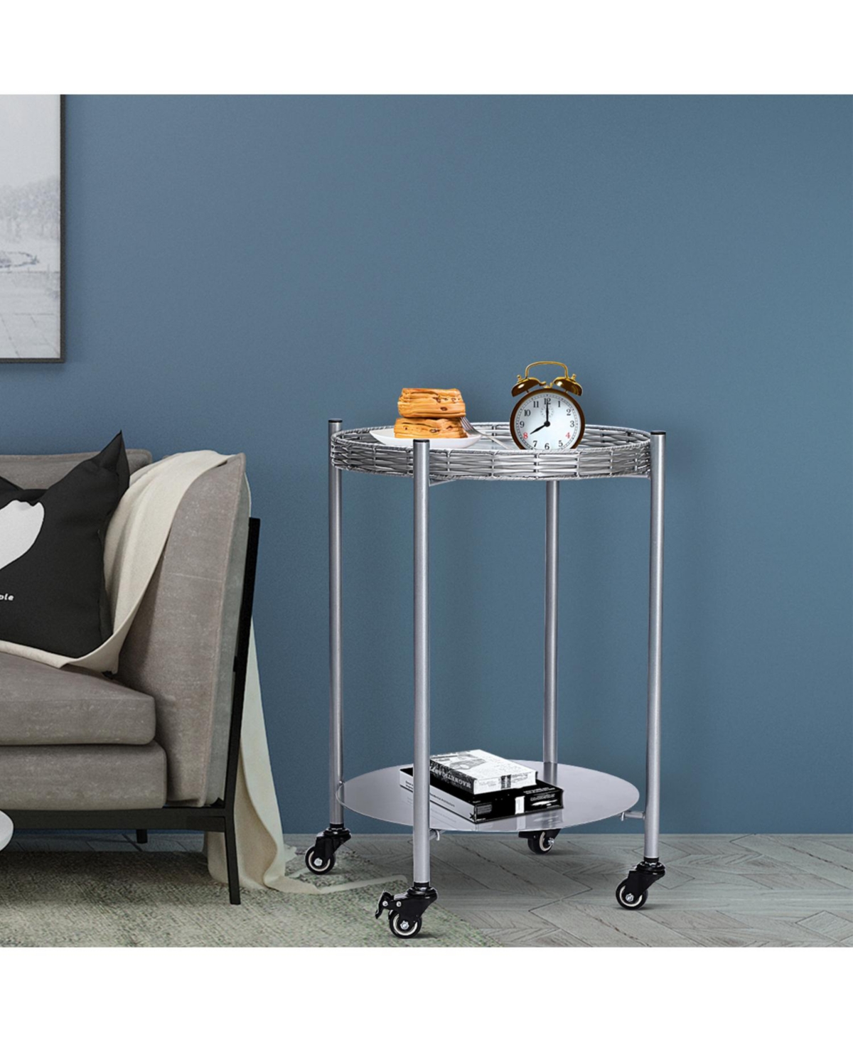 Streamdale Furniture Rolling Coffee Table - 2-Tier Silver Metal Side Table