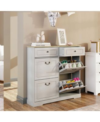Shoe Storage Cabinet - 2 Drawers, 4 Flip Drawers - Antique White