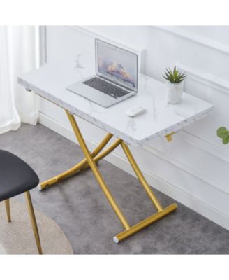Lift Top Coffee/Dining/Office Table, White MDF, Golden Legs