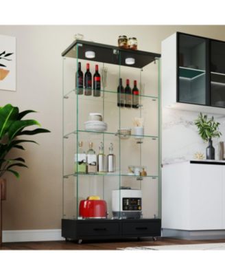 Black Glass Display Cabinet w/ Drawers & LED Lights