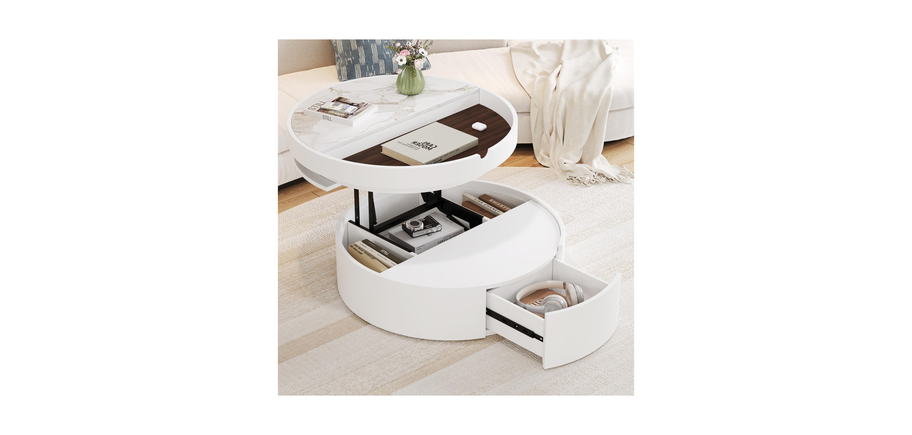 Streamdale White Round Lift Coffee Table, Marble/Wood Top, 29.5''