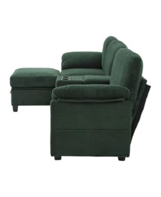  L-Shape Corduroy Sofa- 4-Seater, USB, Storage, Console & Ottoman