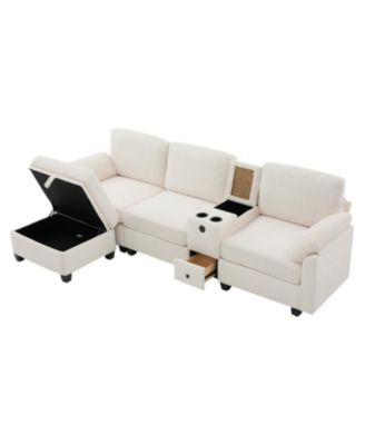  L-Shape Corduroy Sofa- 4-Seater, USB, Storage, Console & Ottoman