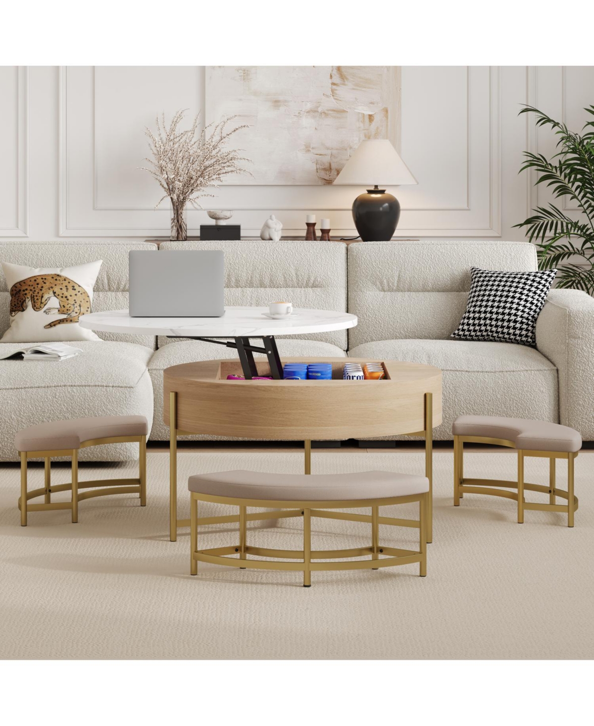 Streamdale Furniture Round Lift-Top Coffee Table with Storage & 3 Ottoman
