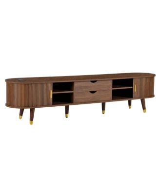 Streamdale Wooden Oval TV Stand with Charging Station, Mid-Century Media Console, Walnut