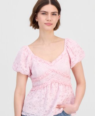Juniors' Lace Puff-Sleeve Babydoll Top