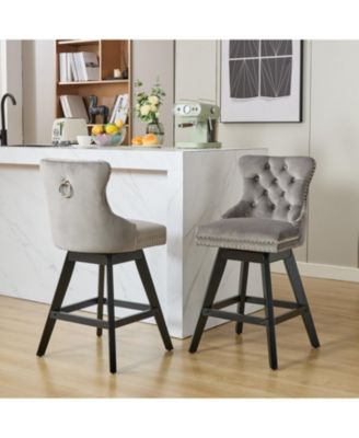 Gray Velvet Swivel Barstools Button Tufted Set of 2