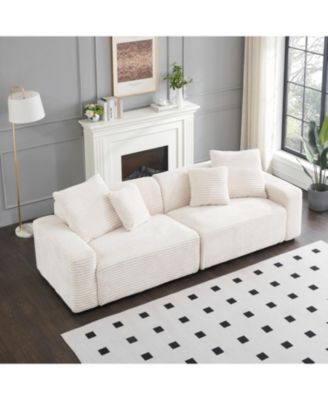 104" 4-Seat Beige Corduroy Sofa w/ Throw Pillows