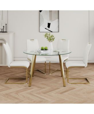 Modern Glass Circle Table & White PU Chairs (Set of 5)