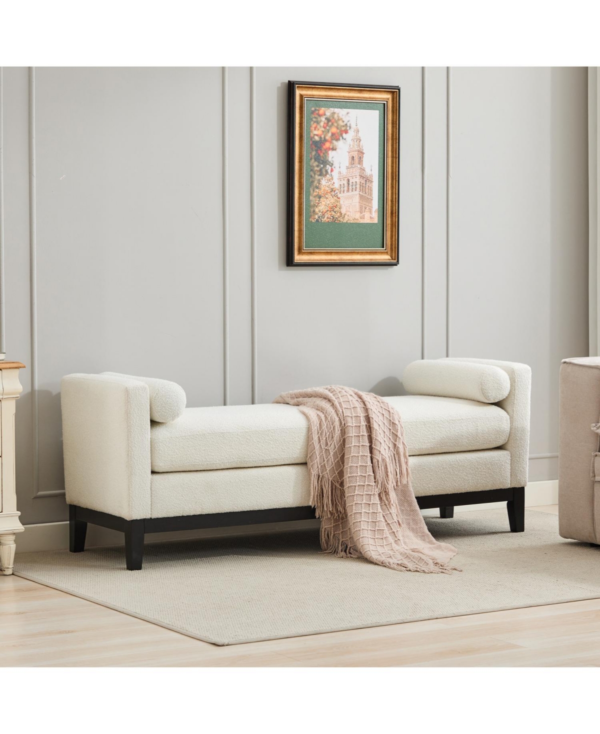 Streamdale Furniture Elegant Ivory Boucle Upholstered Bench with Bolsters