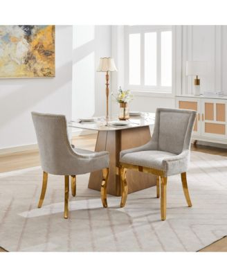 Chenille Dining Chairs, Gold Legs, Rivet Trim, Beige, Set of 2