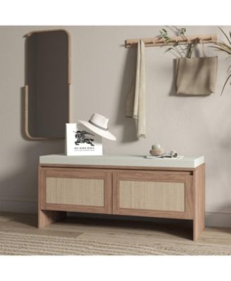  Rattan Storage Bench with Cushion & Shoe Cabinet - Natural Finish
