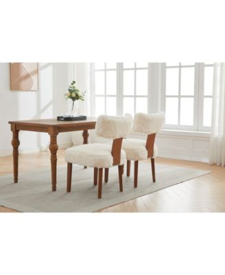 Fur Fabric Armless Dining Chairs, Curved Back, Wood Legs, Ivory (Set of 2
