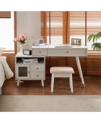  Vanity Desk with Lighted Mirror, Stool & Drawers - White