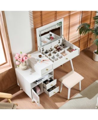  Vanity Desk with Lighted Mirror, Stool & Drawers - White