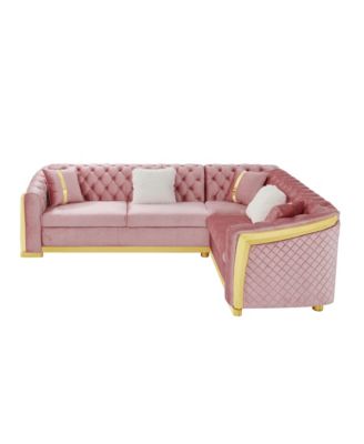 L-Shaped Chesterfield Velvet Sectional Sofa, Gold Accents, 5 Pillows